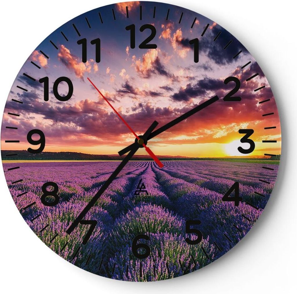 Wanduhr - Rund - Glasuhr - Lavendel Berge Feld - 30x30cm - Schleichendes Uhrwerk - Lautlos - zum Aufhängen bereit - Dekoration Modern - Wanddekora...