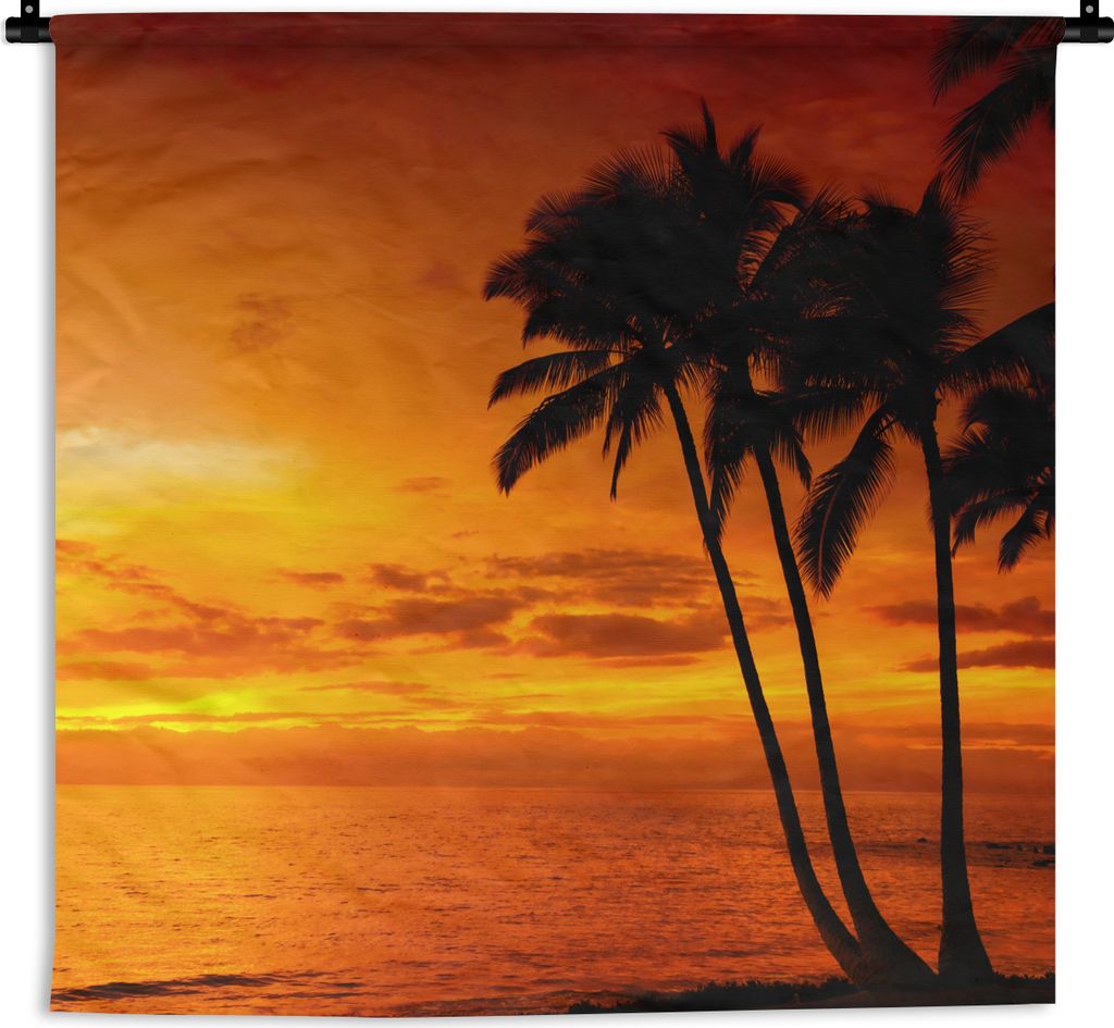 MuchoWow Wandteppich Wandbehang Palme - Sonnenuntergang - Tropisch - Orange - Meer 150x150 cm Tapisserie Dekoration Wandtuch - Wohnaccessoires - ...