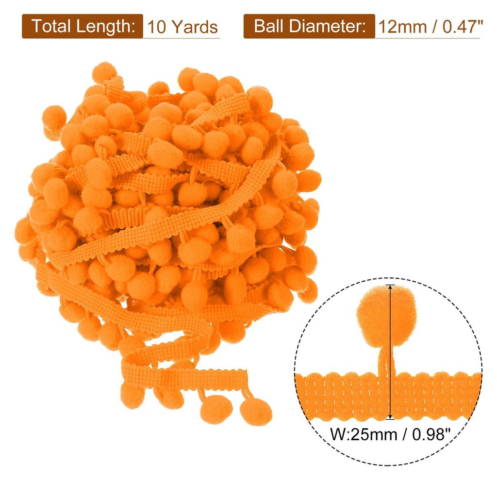 10 Yards Pom Pom Ball Fringe Trim, Ribbon Sewing Accessory DIY Crafts for Home Curtain Clothes Pillow Decoration (12mm, Orange)