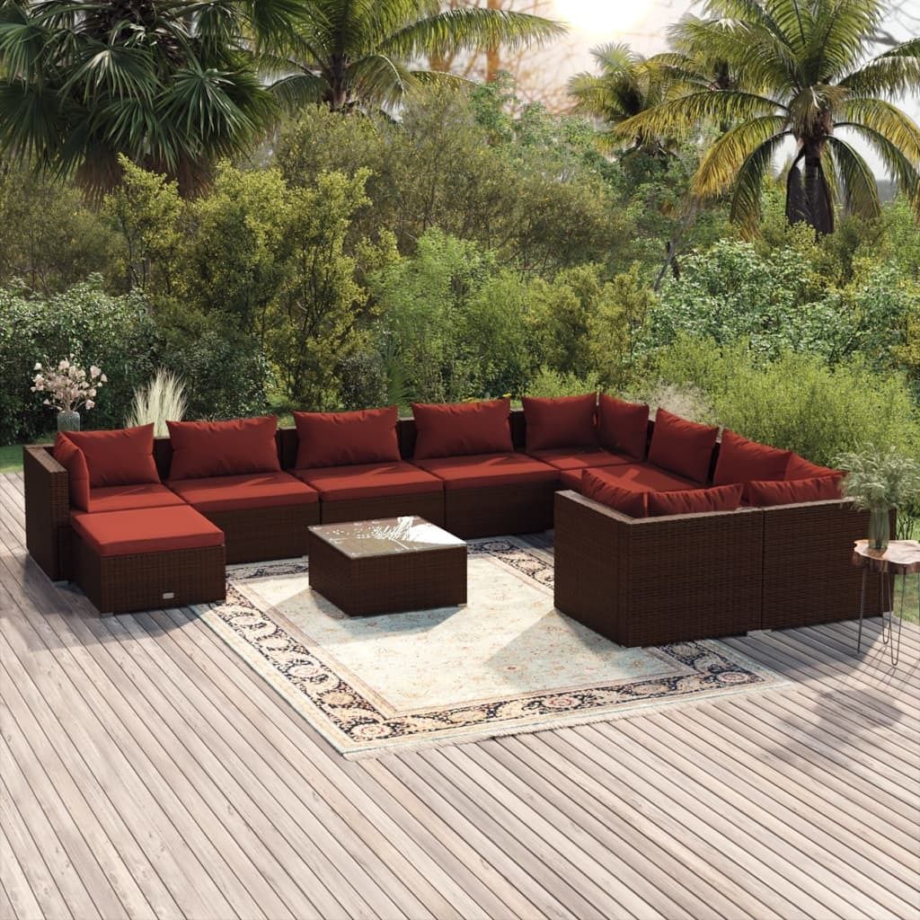 Möbel 11-tlg. Garten-Lounge-Set mit Kissen Poly Rattan Braun - Balkonmöbel 3102691