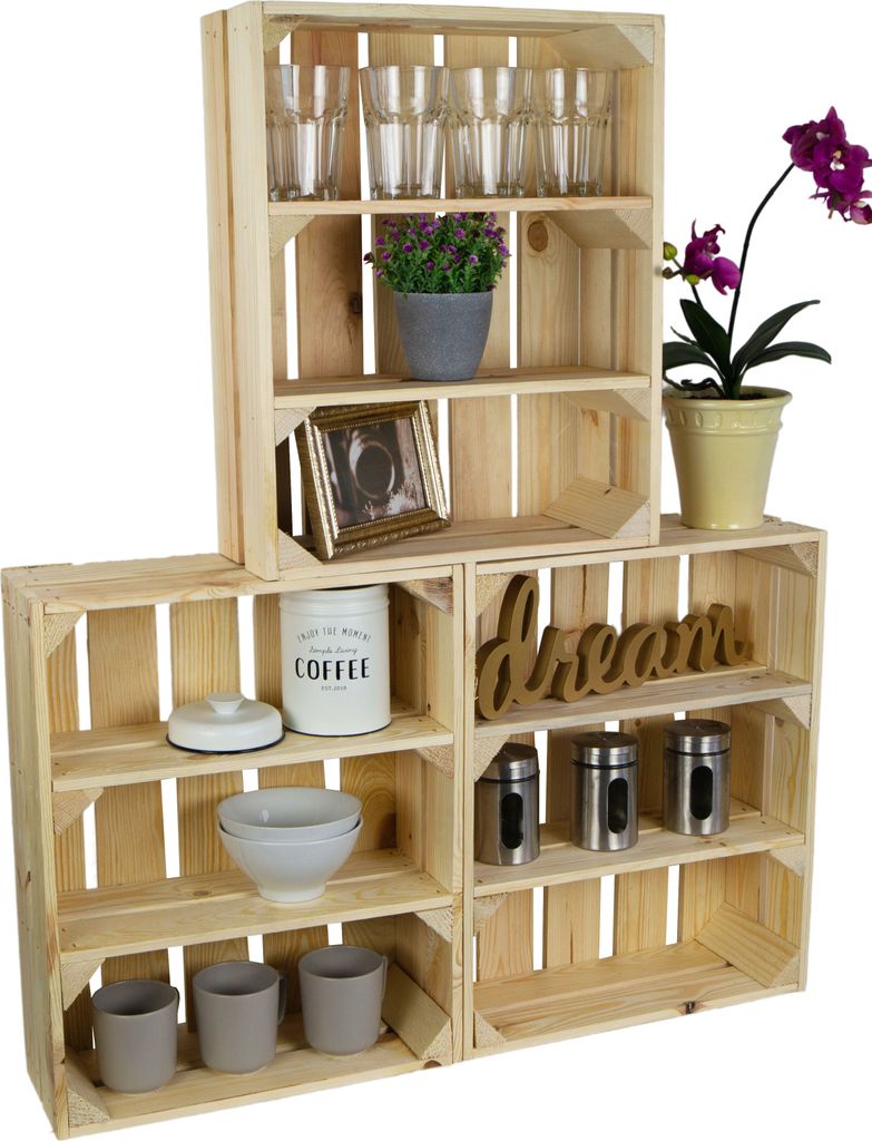 3er Set flaches Obstkistenregal Wilma Natur Gewürzregal Aufbewahrungskiste Wandregal Weinkiste Obstkiste