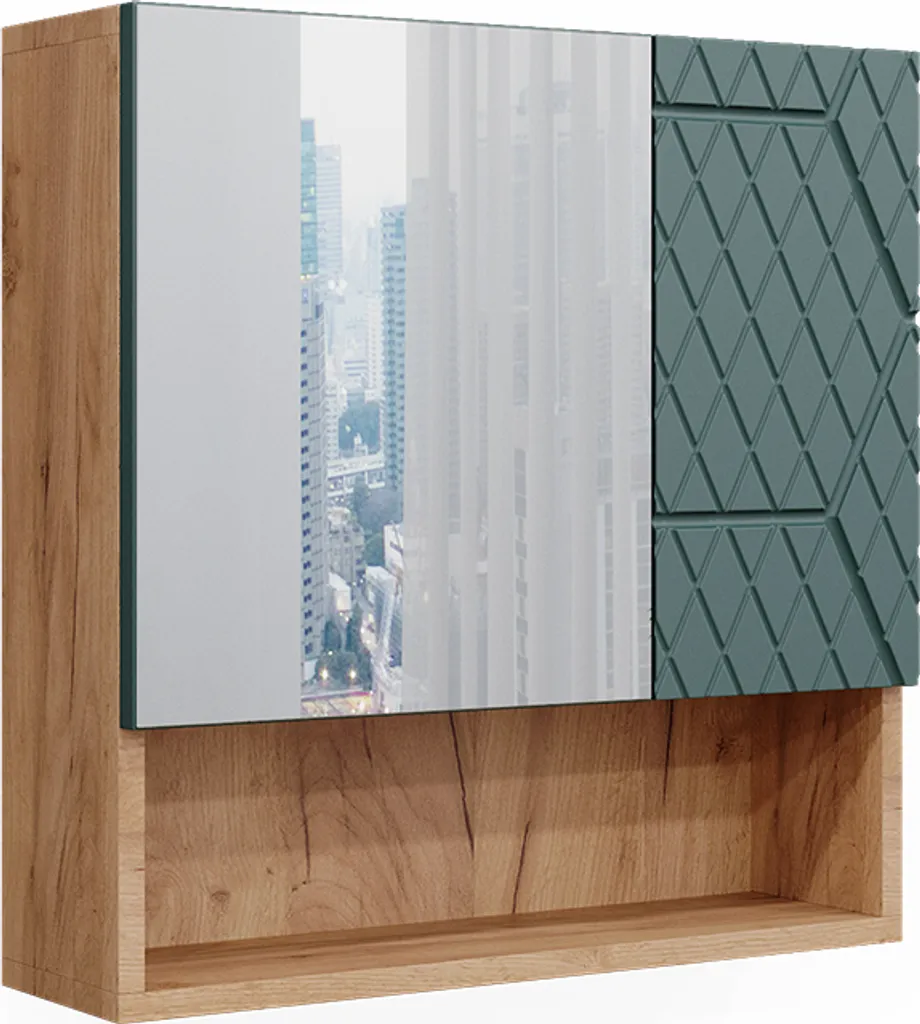 Meuble miroir de salle de bain suspendu Vert et Bois 54x55cm Irma