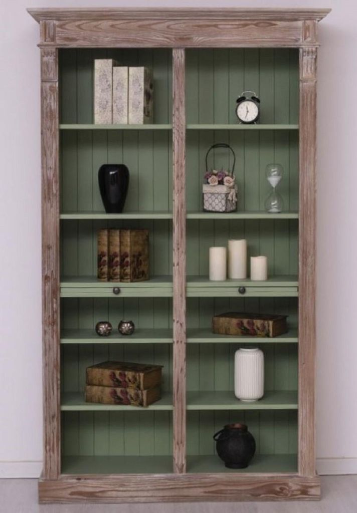 Casa Padrino Landhausstil Bücherschrank Braun / Grün 120 x 37 x H. 197 cm - Massivholz Schrank - Regalschrank - Wohnzimmerschrank - Landhausstil ...