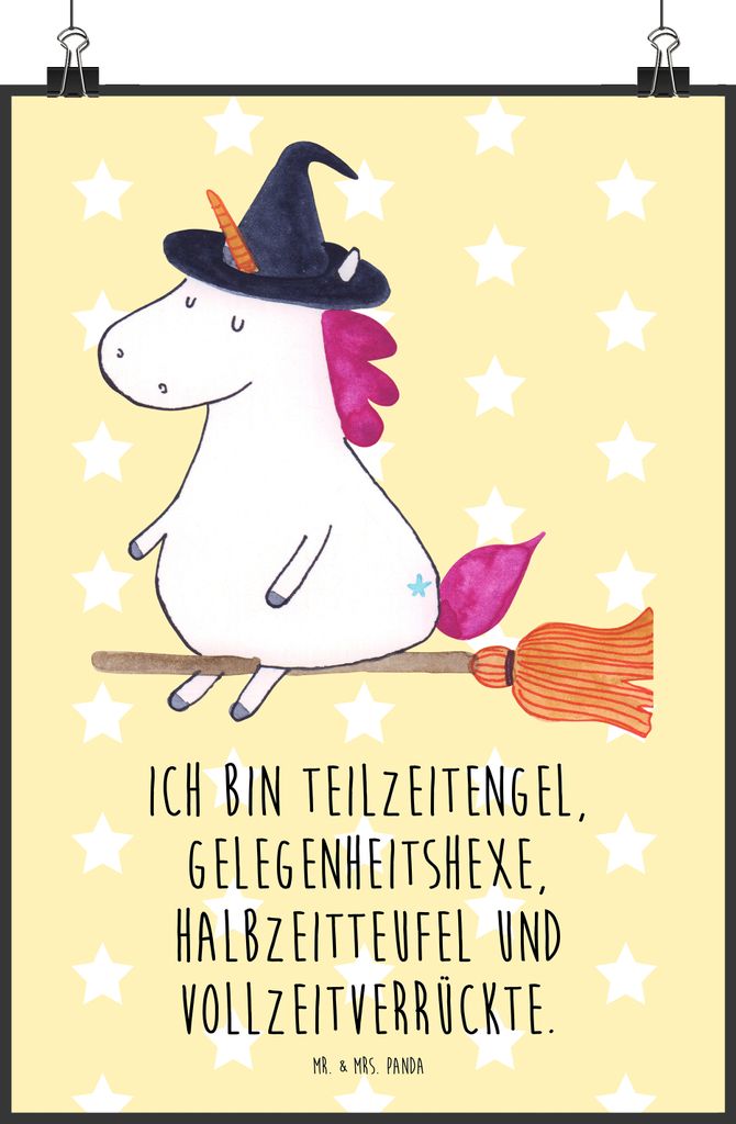 Mr. & Mrs. Panda Bild Einhorn Hexe DIN A2 - Gelb Pastell - Geschenk, drucke, Wandbild, Leben, Frau, Unicorn, Einhörner, Deko, wanddeko, Teufel, Po...