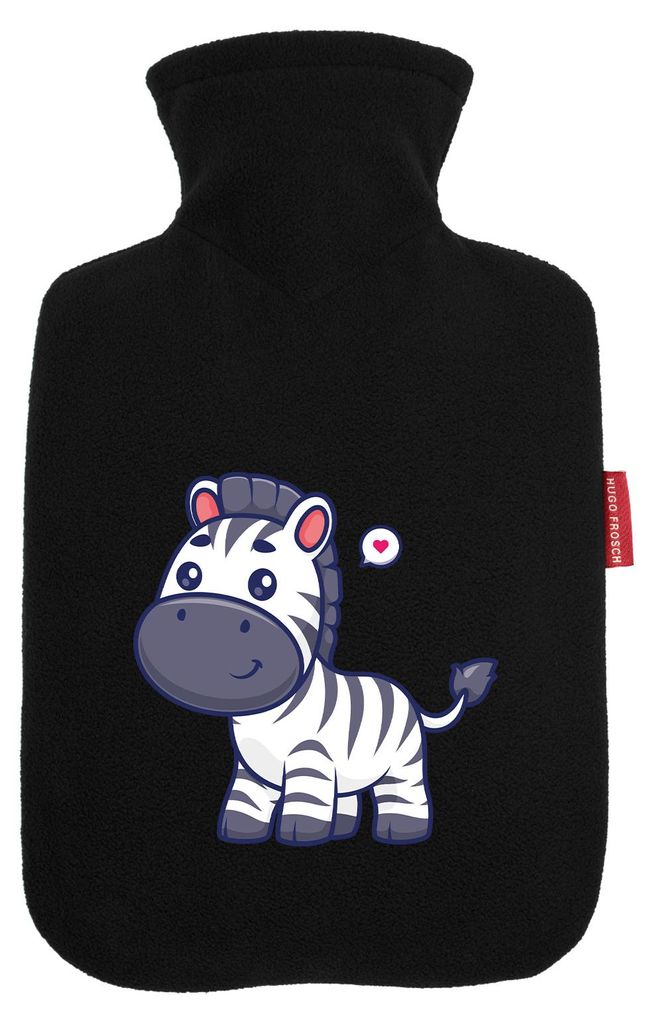 Huuraa Wärmflasche Zebra Comic 1,8 Liter Black Classic Veloursbezug Bettflasche Geschenkidee