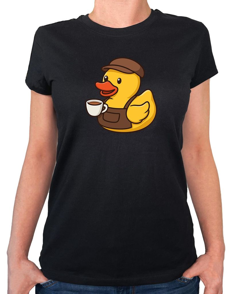 Huuraa Damen T-Shirt Quietscheente Barista Gummiente Barkeeper L Black Bio Baumwolle Fairtrade Damenshirt Geschenkidee