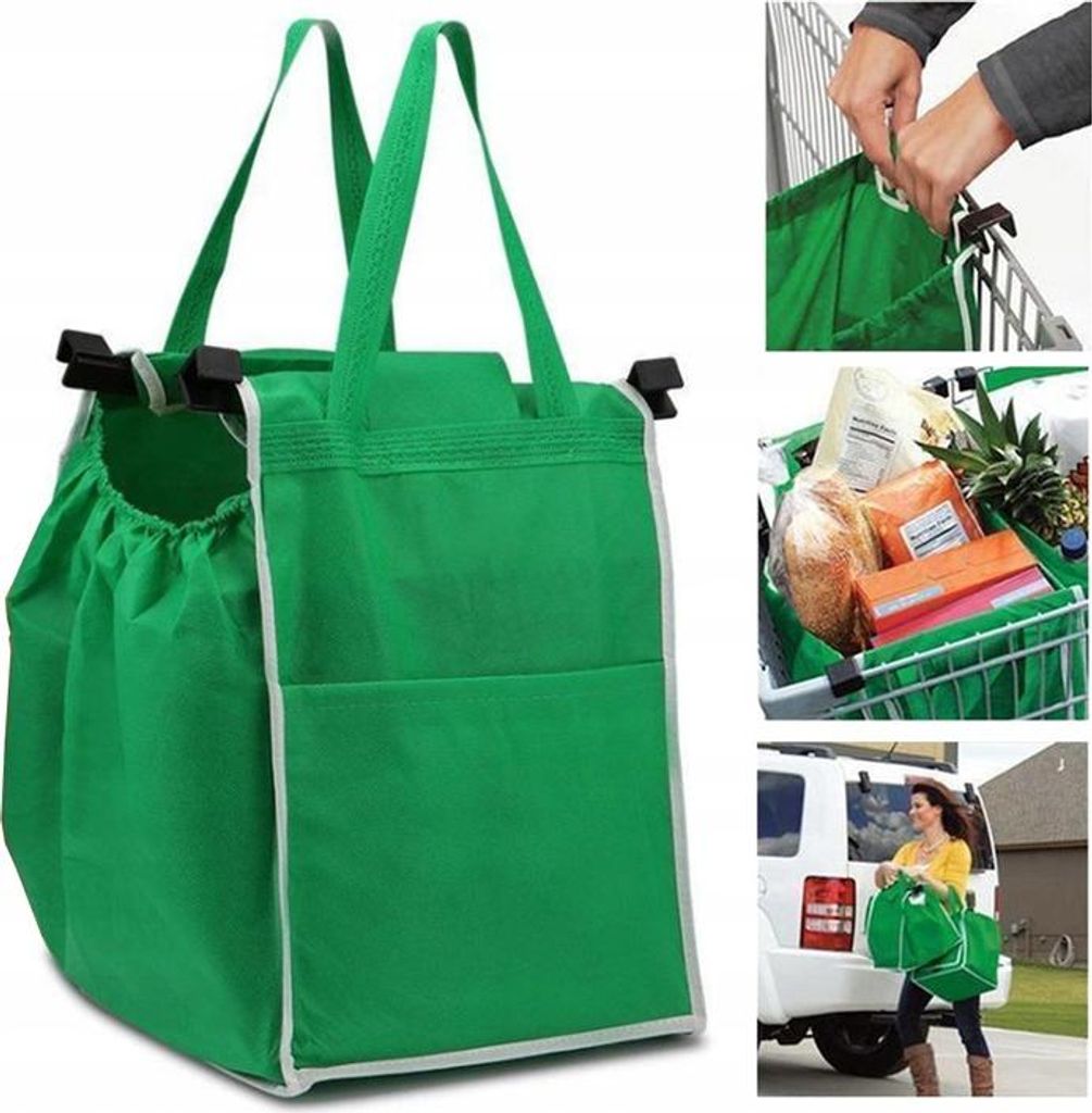 Collage of images showing a green shopping bag, its use in a shopping cart, and a person carrying it.