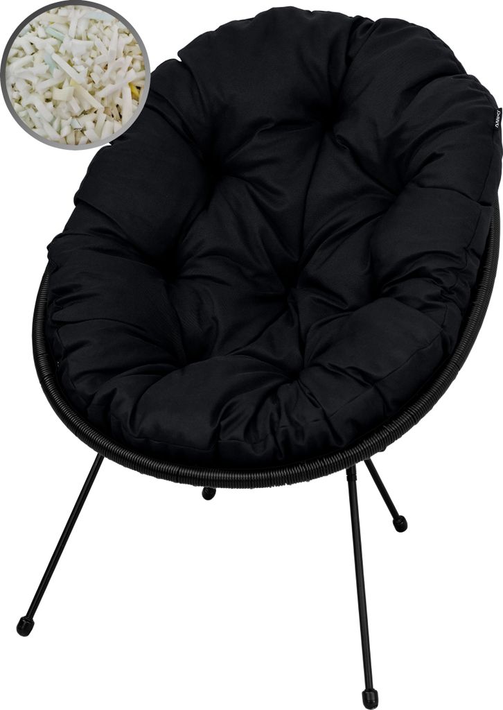 A black cushion chair with thin black legs on a white background. A circular inset shows a close-up of the cushion's filling.