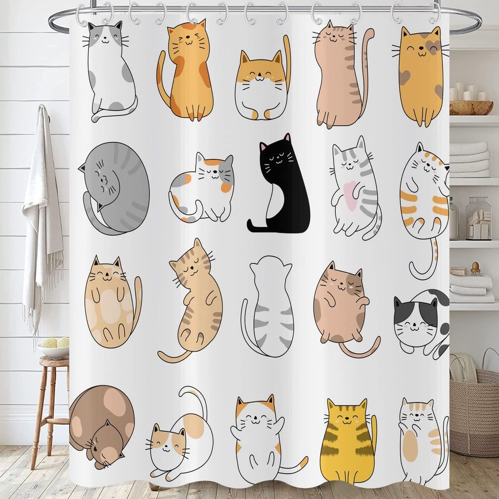 Duschvorhang mit Katzenmotiv 180x180 cm, lustiges Cartoon-Tierkätzchen, farbenfroh, niedliches Haustier, Badezimmervorhang für Kinder, Jungen und...
