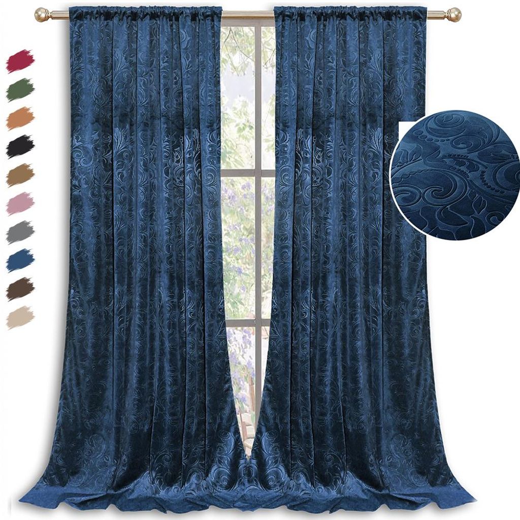2er Set Vorhang Blickdicht Kräuselband Stangendurchzug,Samtvorhang Prägemuster,Verdunklungsvorhang Zimmer Hotel Restaurant,Dunkelblau 132x304cm