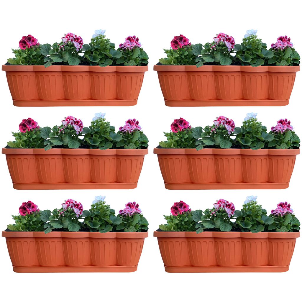 6er Set 60cm Blumenkasten Balkonkasten Pflanzkasten Terracotta im Wellendesign inkl. passenden Bewässerungsuntersetzer