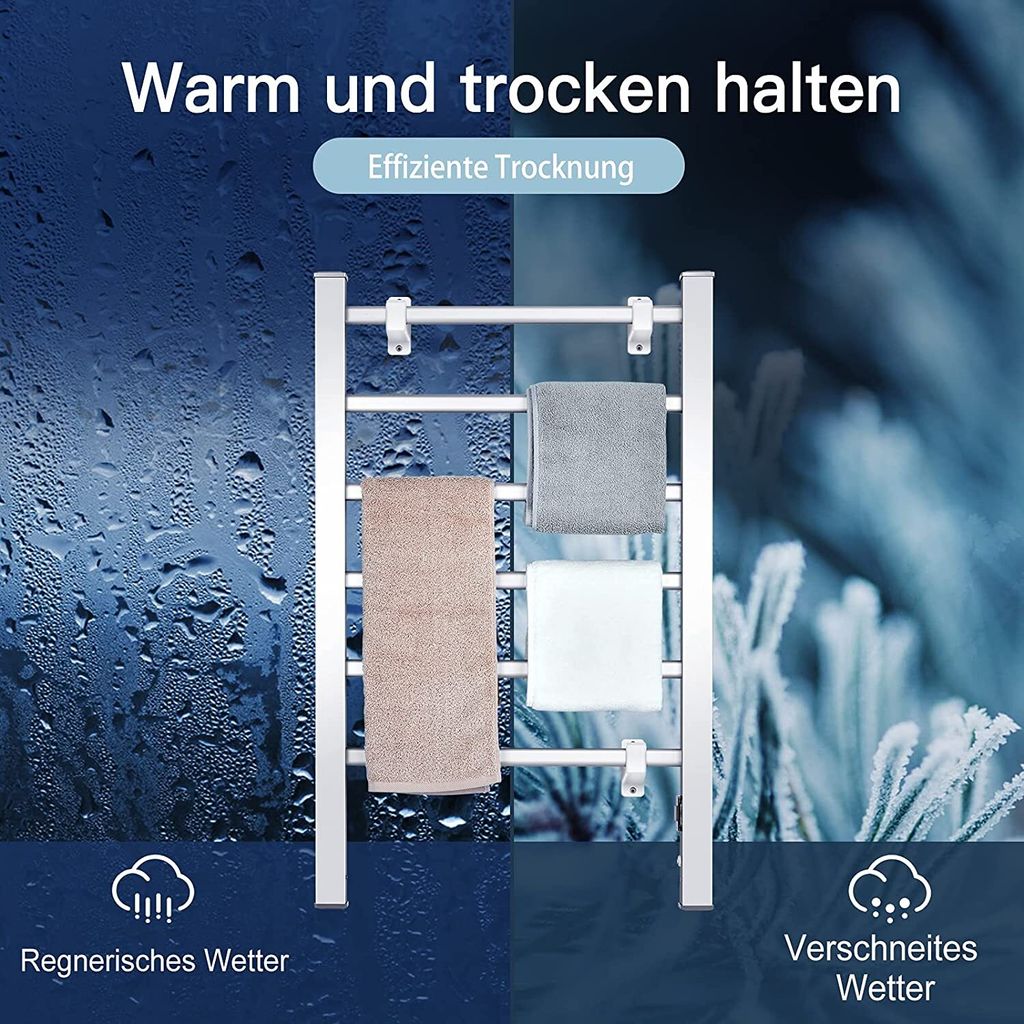 A split image showing a towel warmer in a bathroom setting with condensation on one side and frost on the other, illustrating its ability to keep things warm and dry in different weather conditions.