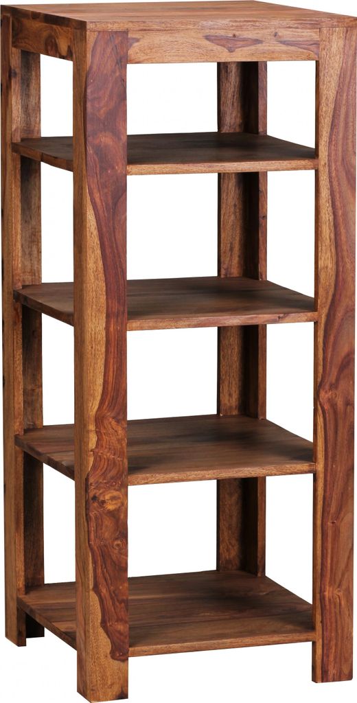 WOHNLING Standregal MUMBAI Massiv-Holz Sheesham 105 cm Wohnzimmer-Regal mit 4 Ablagefächer Design Landhaus-Stil Beistelltisch