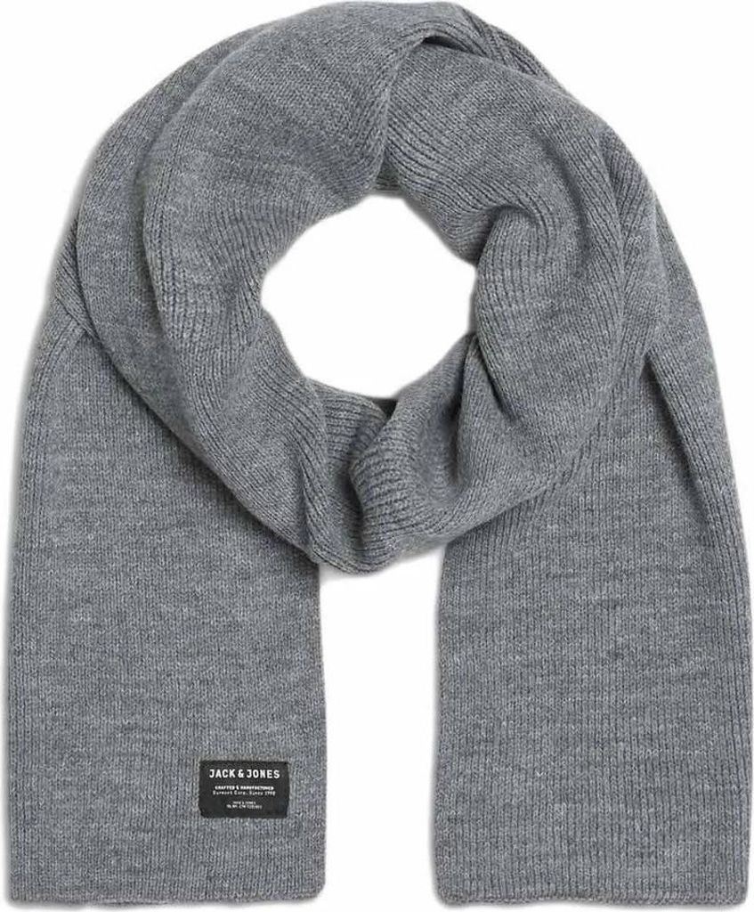 A gray knitted scarf is laid out flat against a white background.