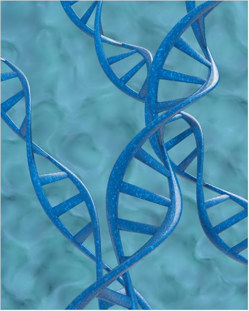 Wallario Poster - DNA-Strang in blau auf türkisem Hintergrund, Kunstdruck Größe: 40 x 50 cm