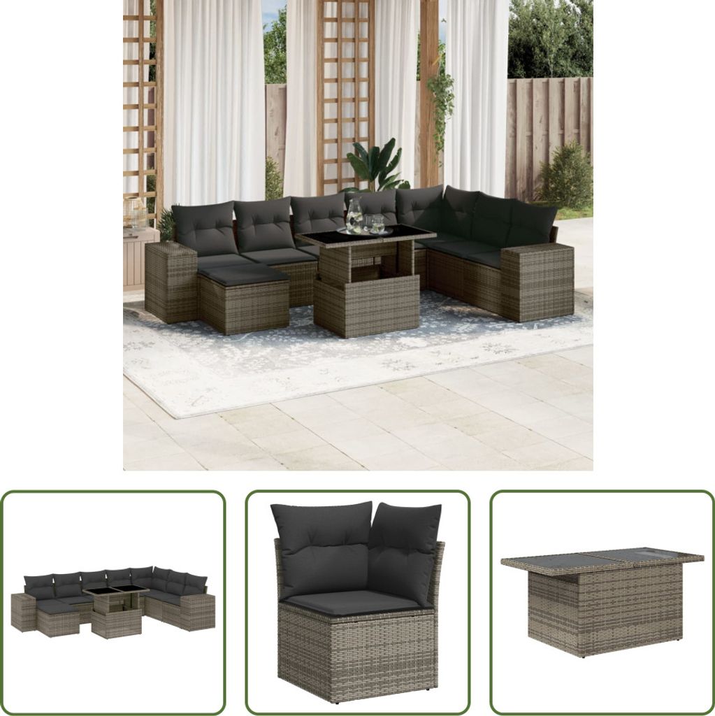The Living Store 9-tlg. Garten-Sofagarnitur mit Kissen Grau Poly Rattan