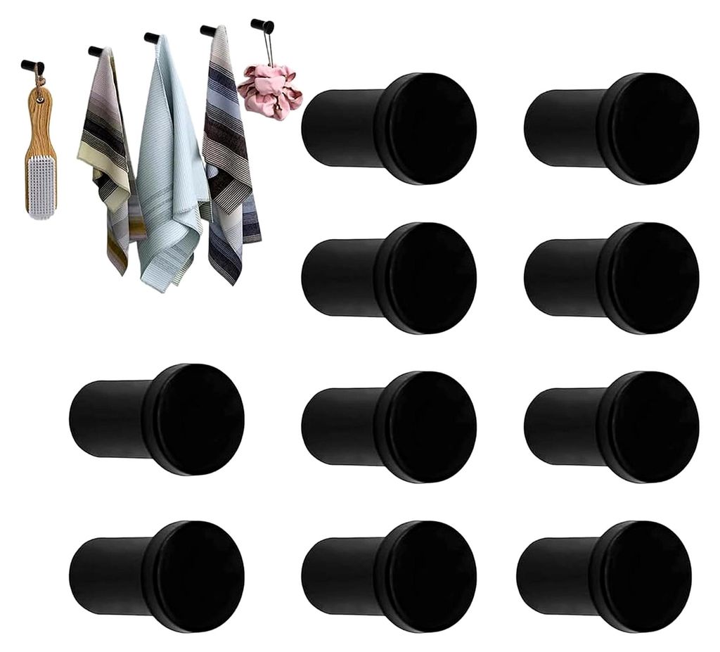 Wandhaken Set 10 Stück, Duschhaken, Kleiderhaken, Edelstahl Garderobenhaken zum Schrauben, Schwarz, 35 MM Rund Haken für Handtücher, Bademäntel...