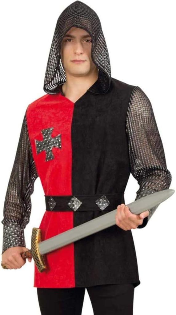 Edelritter Oberteil Kapuze Gürtel Rot Schwarz Kreuz Kettenhemd (L)