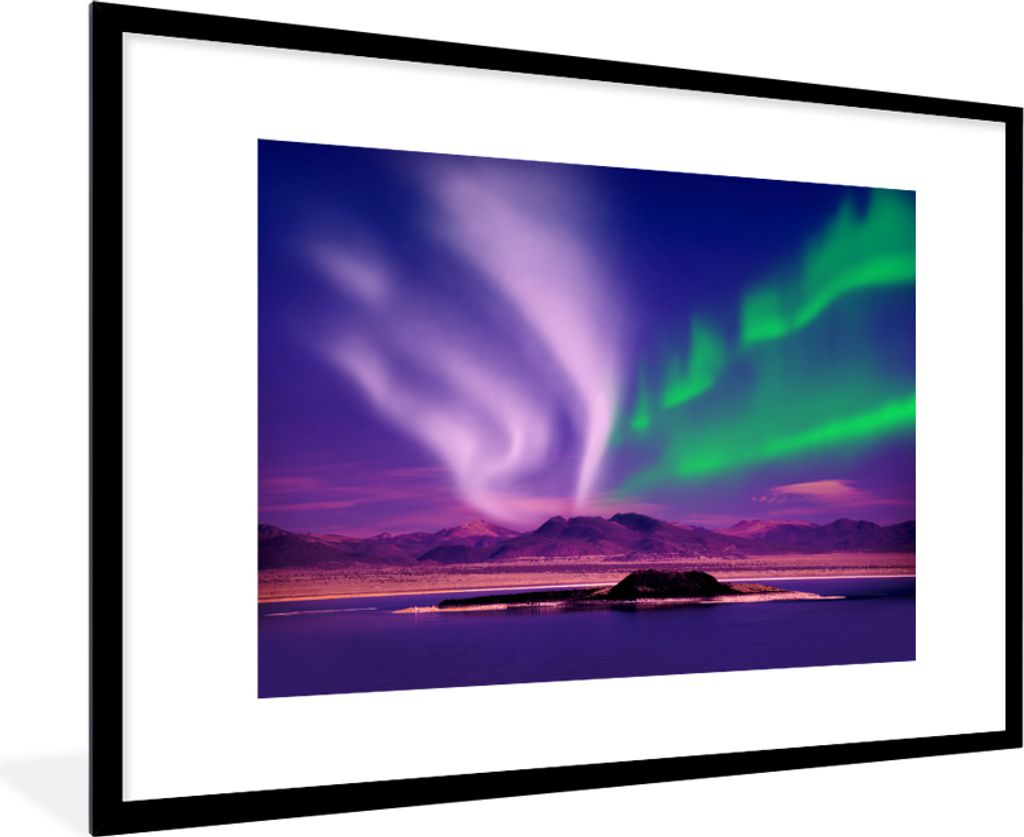 MuchoWow MuchoWow Gerahmtes Poster Nordlichter - Schnee - Natur 90x60 cm - Poster mit zchwarzem Bilderrahmen - Wanddekoration - Fotos