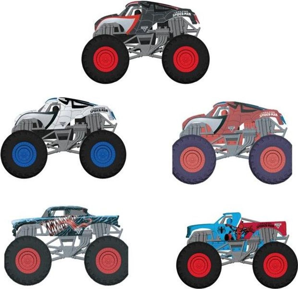 Spiderman Die-Cast Monster Jam 5er Pack, 1:64 True Metal, Marvel Superhelden, Monster Trucks