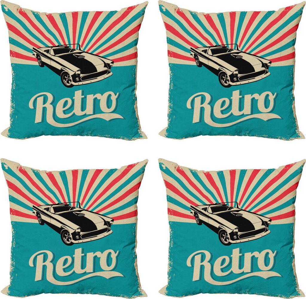 ABAKUHAUS Autos Kissenbezug Set (4 Stück), Klassische American Car, Moderner Doppelseitiger Digitaldruck, 60 cm x 60 cm, Sky Blue-Pink-Schwarz