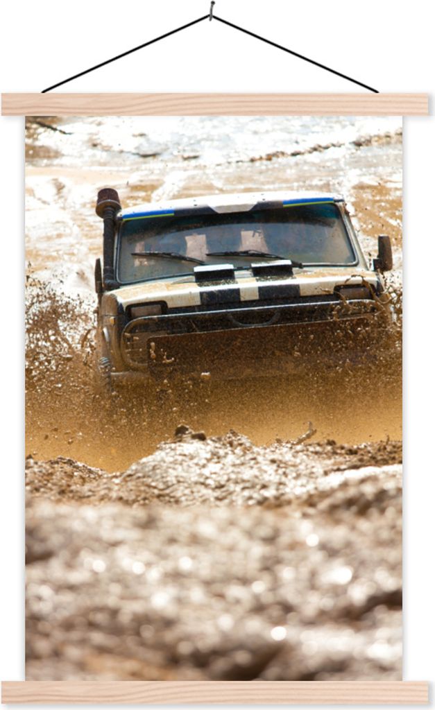 MuchoWow Textilposter Auto - Rennen - Schlamm 60x90 cm mit holzfarbenen Rahmen - Textil