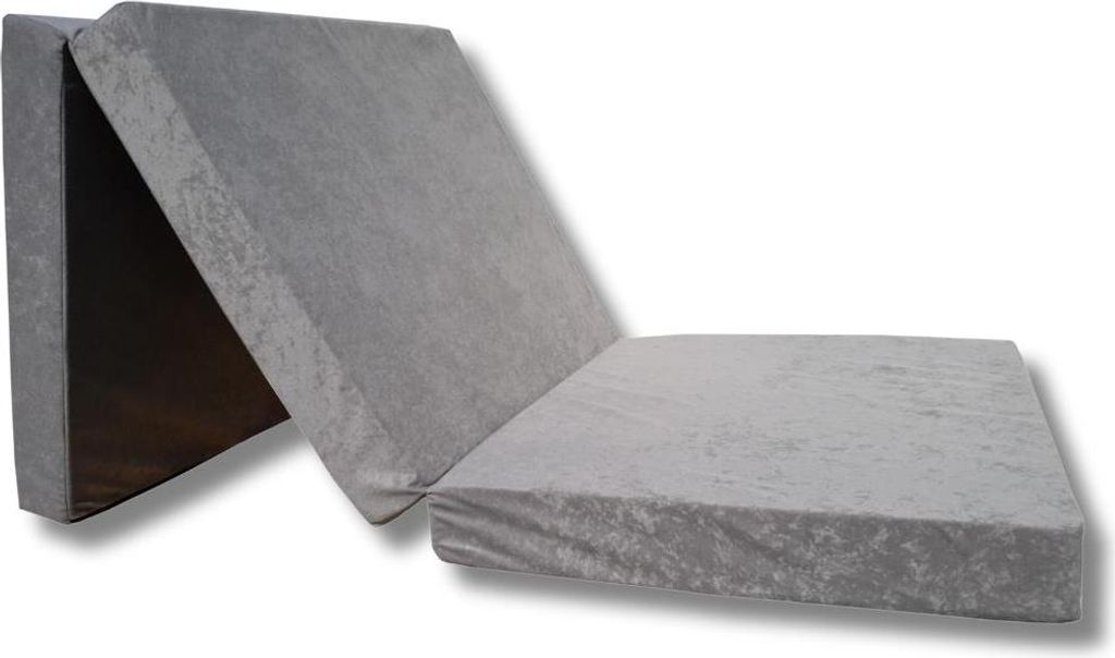 A gray folding mattress is shown on a white background.