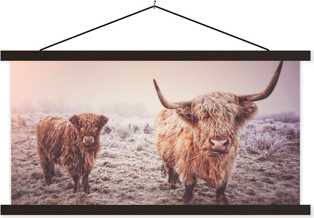 MuchoWow Textilposter Schottische Hochlandrind - Schnee - Sonne 150x75 cm mit schwarzem Rahmen - Posterleiste