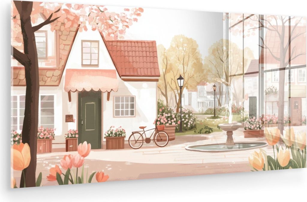 MuchoWow Glasbilder - Bilder auf Wandbild - Foto auf Glas Dorfplatz - Springbrunnen - Tulpen 80x40 cm Wanddekoration aus Glas - Acrylglasbild - Acr...