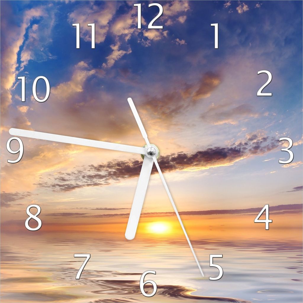 Wallario Design Wanduhr Sonnenuntergang über dem Wasser aus Echtglas, Größe 20 x 20 cm