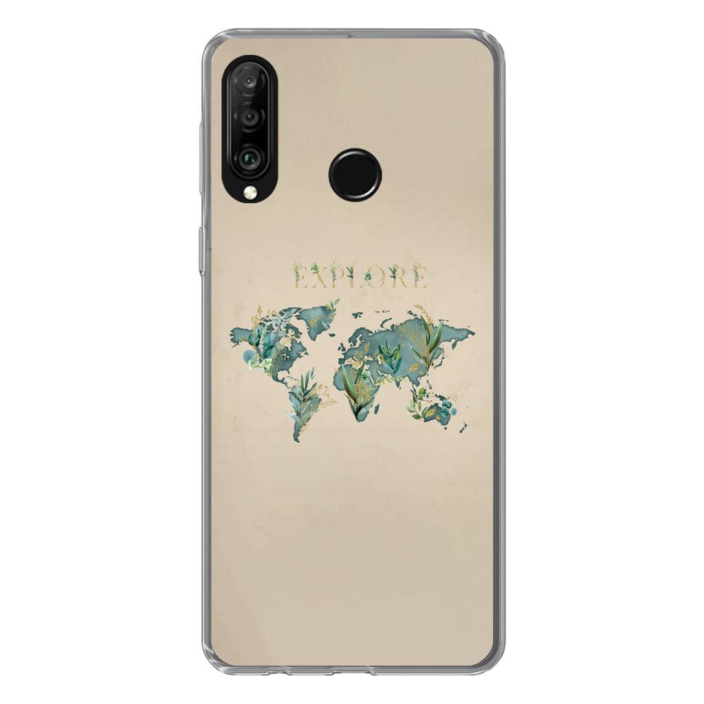MuchoWow Handyhülle Schutzhülle Hülle für Huawei P30 Lite Weltkarte - Pflanzen - Wasser Silikon Softcase Handy Hülle - Handyhülle