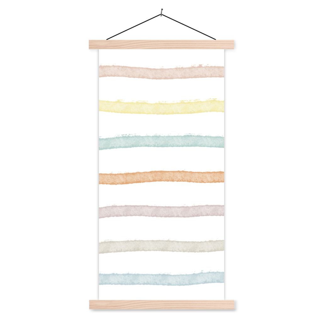 MuchoWow Textilposter Linie - Pastell - Regenbogen - Muster 60x120 cm mit holzfarbenen Rahmen - Holz