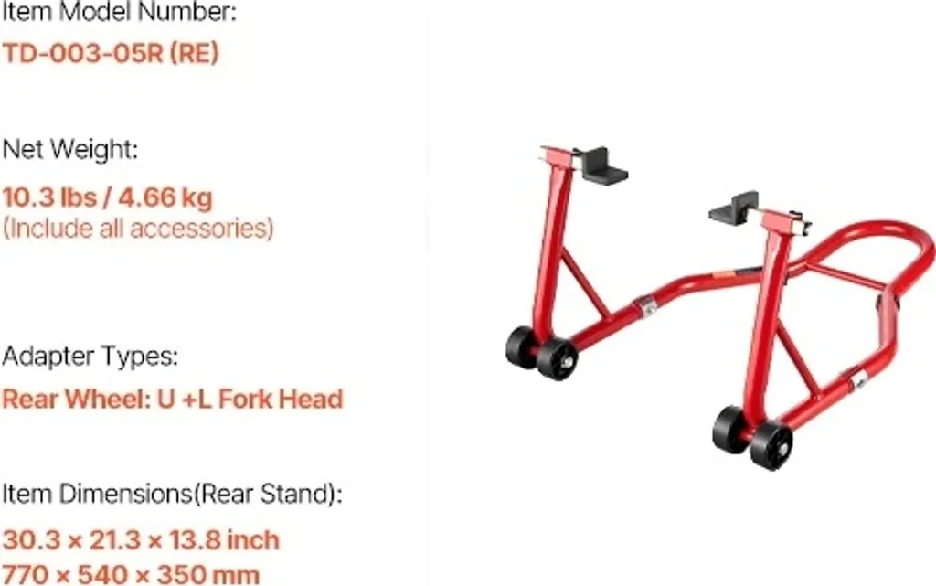 Béquille de moto élévateur 385 kg universelle avant arrière rouge
