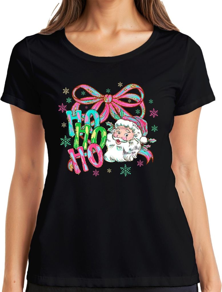 Ho Ho Ho Weihnachtsmann Schleife Schneeflocken Retro Geschenk Damen T-Shirt, Schwarz, S