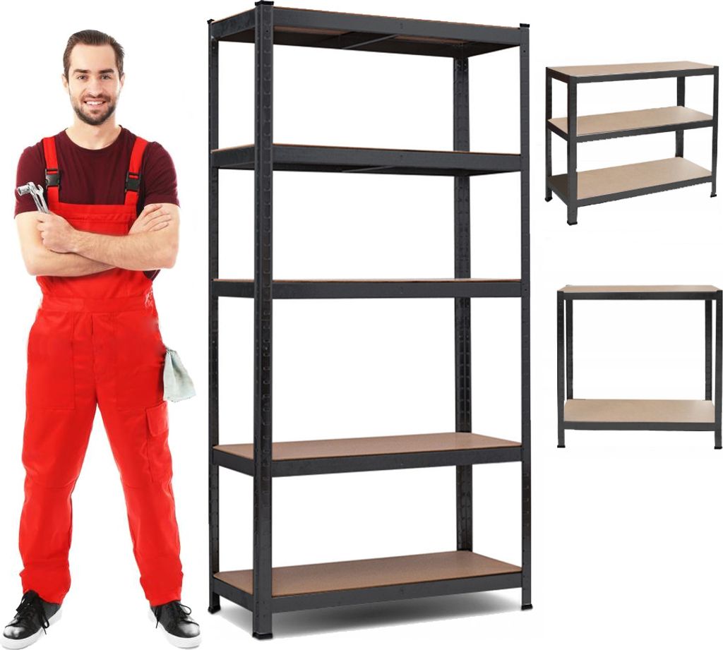 A man in red overalls stands next to a black metal shelving unit.