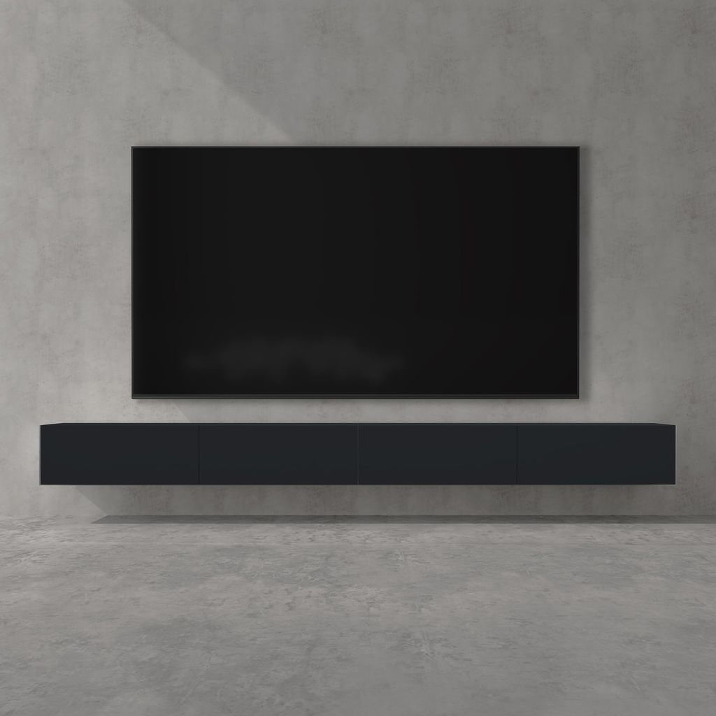 A modern living room setup with a wall-mounted TV and a floating media console.