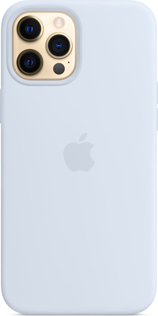 A back view of a light blue iPhone 12 Pro Max case with the Apple logo embossed in the center.