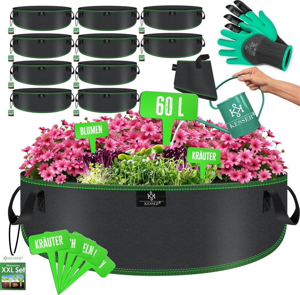 KESSER Pflanzsack aus Vlies mit Namensschildern, Sichtfenster & Griffen – ideal für Gemüse, Blumen & Obst