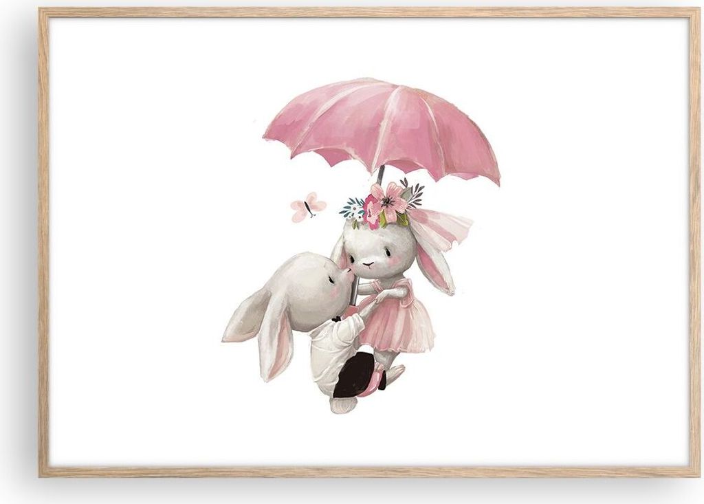 Gerahmtes Poster - Rahmen in heller Eiche - Hasen Regenschirm Kinder - 100x70 cm - Wand Bild - Wanddeko - Wandbilder - Kunstposter - Wandposter - B...