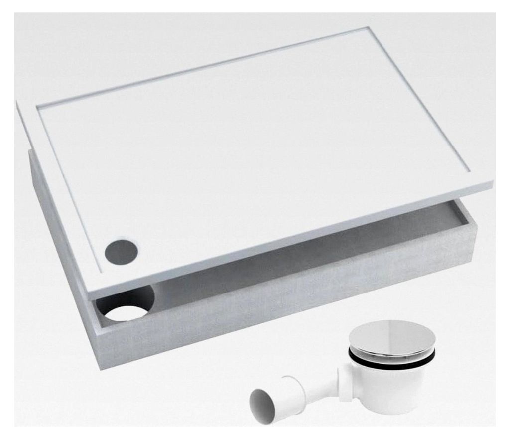 Duschwanne | Komplettset Basic Smooth White 90x120cm Rechteck | inkl. Styroporträger und Siphon 90mm mit Chromdeckel | Gesamthöhe inkl. Träger 1...