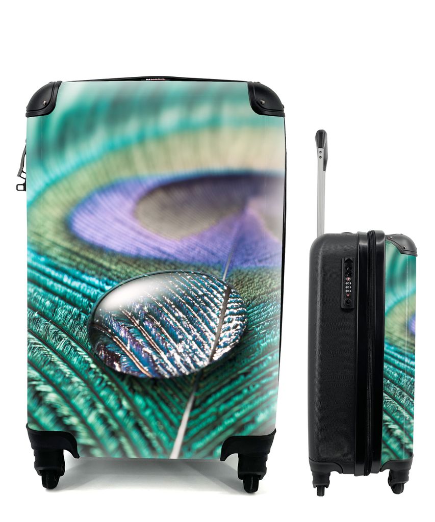 MuchoWow Koffer Handgepäck Trolley Rollkoffer Kleine Reisekoffer mit 4 Rollen - Nahaufnahme eines Wassertropfens auf einer Pfauenfeder - Cabin S...