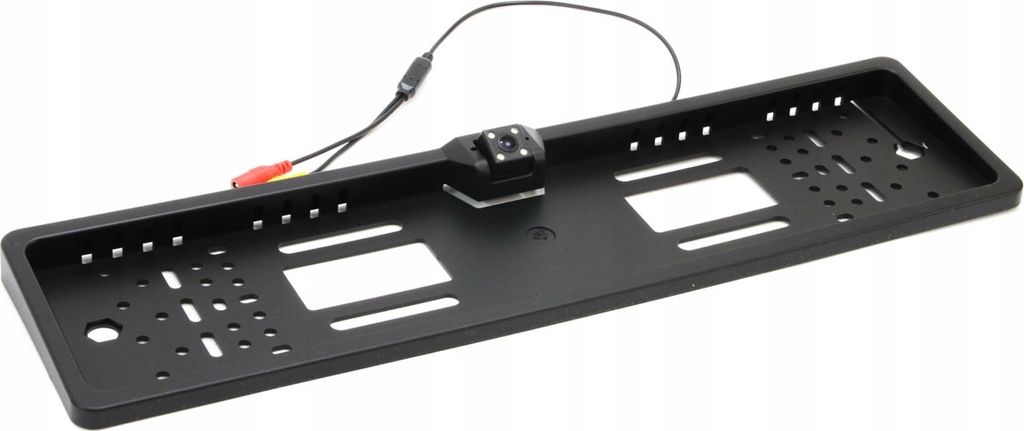 A black license plate frame with an integrated backup camera.