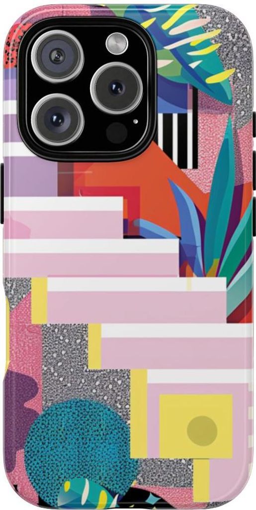 Buntes abstraktes Design mit geometrischen Formen und botanischen Elementen – Hülle Kompatibel mit iPhone 16 Pro