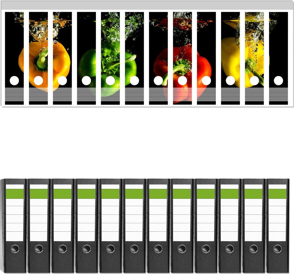 Wallario 12 Stück breite Ordner inkl. Klebeetiketten mit Motive Bunte Küche Paprika in rot gelb orange und grün im Wasser - Set mit Rückens...