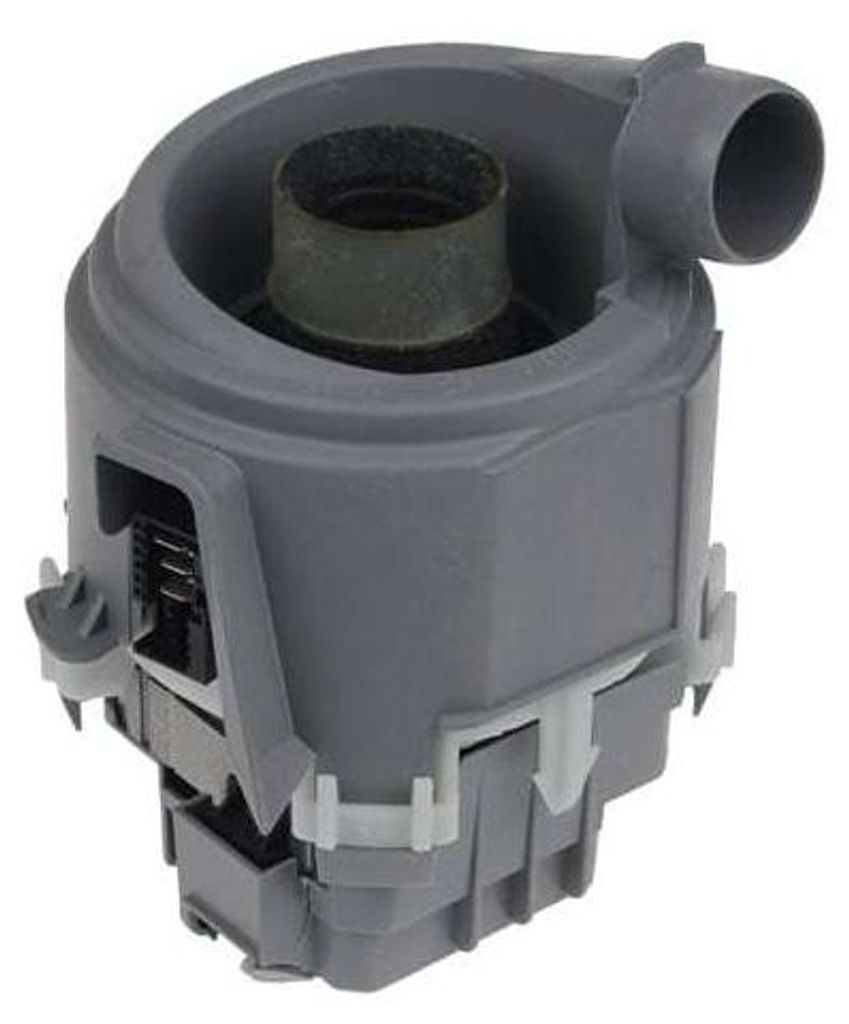 A gray dishwasher pump with a black interior and white clips.