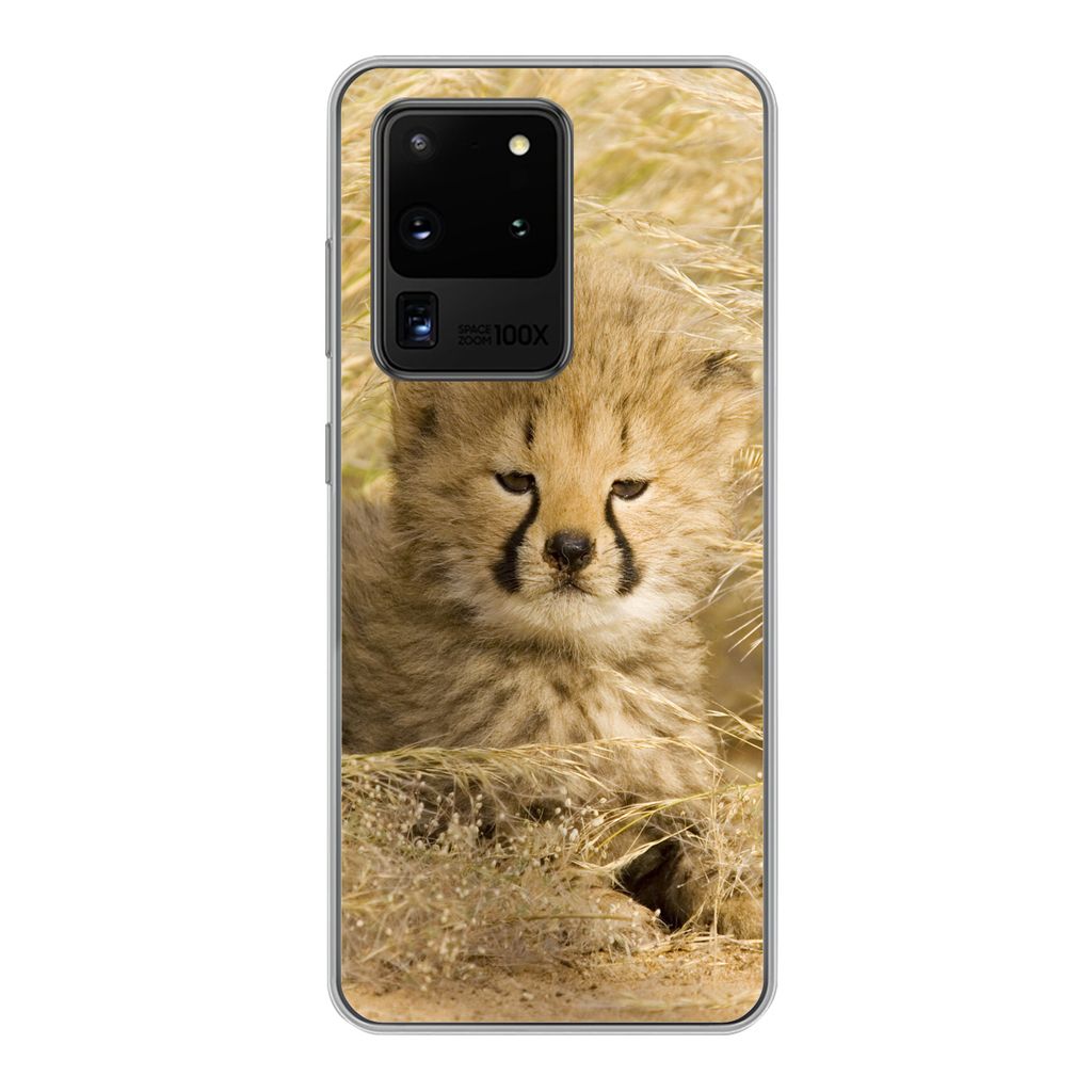 MuchoWow Handyhülle Schutzhülle Hülle für Samsung Galaxy S20 Ultra Gepard - Jung - Gras Silikon Softcase Handy Hülle - Karteninhaber