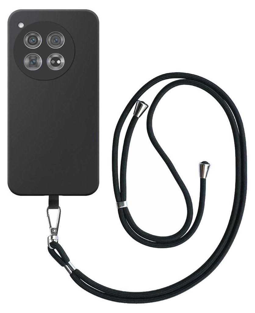 Fit für OnePlus 12 Phone Case mit abnehmbarem schwarzem Lanyard - Flexible Back Cover Case Silikon TPU mit schwarzem Lanyard - Schwarz - Smartphonics
