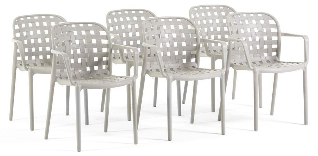 Set mit 6 stapelbaren Gartenstühlen mit Armlehnen aus Polypropylen mit Glasfaser in Flechtoptik robust für Terrasse, Garten, Balkon, Bar, Restaur...