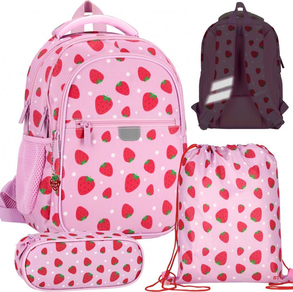 Erdbeere Schulstartpaket für MÄDCHEN: verstärkter Rucksack, Federmäppchen Säckchen, Schuhbeutel - Schul set