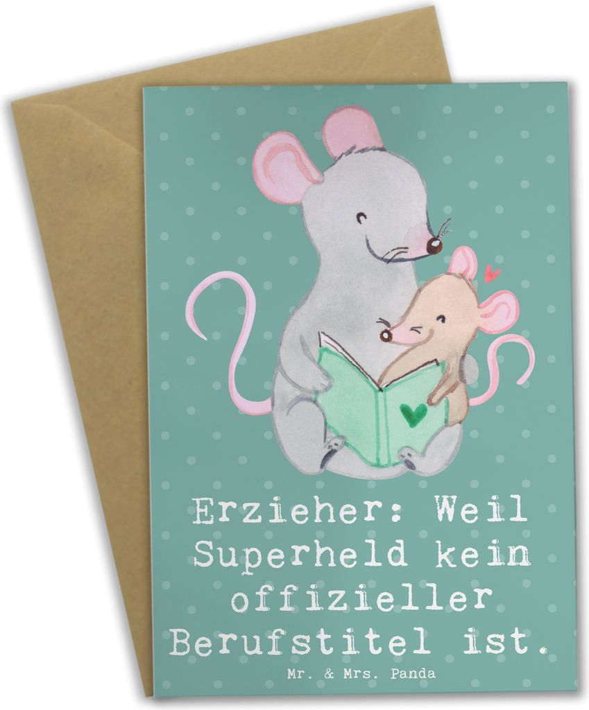 Mr. & Mrs. Panda Grußkarte Erzieher Superheld - Meeresbrise - Geschenk, Wertschätzung, handgefertigte Geschenke, Hingabe, osterkarte, Beruf, einl...